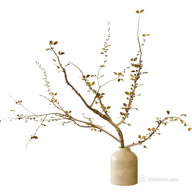Minimalist Floral Decoration with White Vase Branches and Small Leaves 3d model 