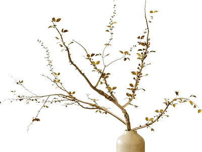 Minimalist Floral Decoration with White Vase Branches and Small Leaves 3d model