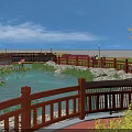 Beautiful Park Landscape with Green Lawns Ponds Lotus Leaves Flowers Red Paths Bridge and Pavilion