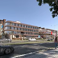 Vibrant Modern Commercial Street With Shops Cars Pedestrians And Lush Trees