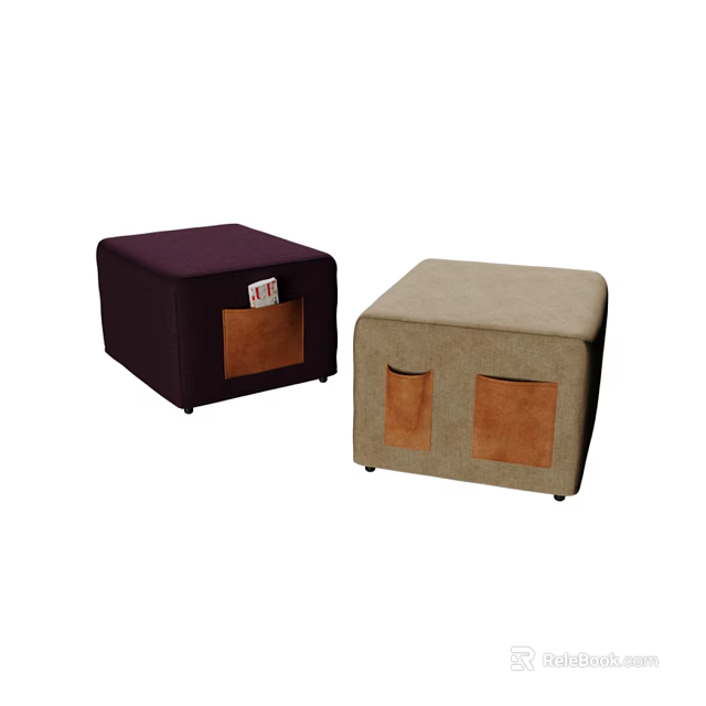 Fabric Stools in Purple and Beige With Brown Pockets and White Label 3d model 