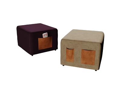 Fabric Stools in Purple and Beige With Brown Pockets and White Label 3d model