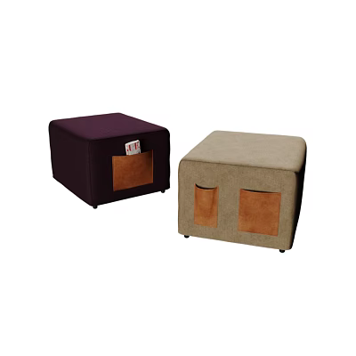 Fabric Stools in Purple and Beige With Brown Pockets and White Label 3d model