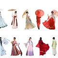 Group of People Wearing Traditional Hanfu With Elegant Postures Holding Colorful Umbrellas