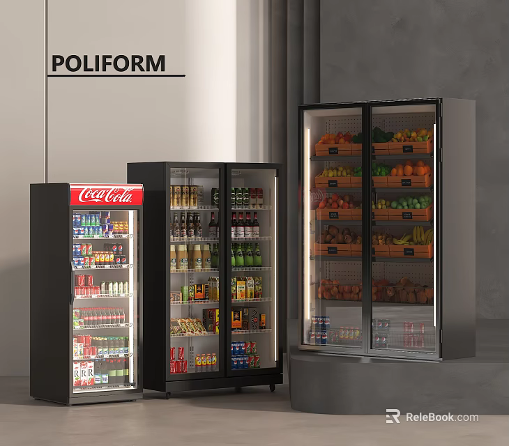 POLIFORM Modern Commercial Refrigerator Display Cabinets with Glass Door and Beverages Fruits 3d model 