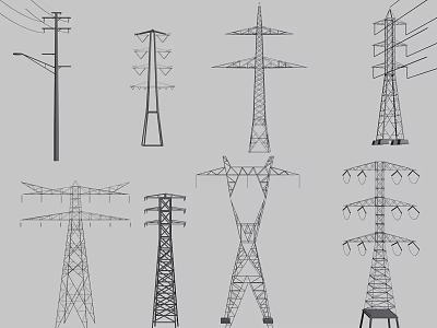 Different Types of Industrial Electrical Equipment Power Poles and Transmission Towers in Line Art 3d model