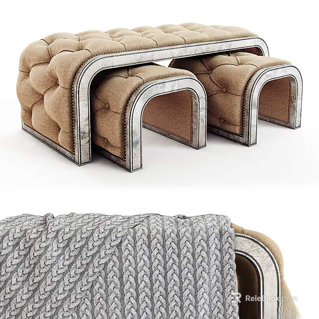 Stylish Modern Sofa Stool With Tufted Fabric And Chrome Metal Frame Design 3d model 