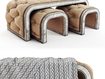Stylish Modern Sofa Stool With Tufted Fabric And Chrome Metal Frame Design 3d model