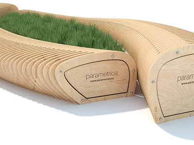 Wooden Outdoor Chair With Curved Design And Green Grass Detail For Outdoor Spaces 3d model