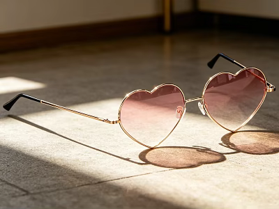 Heart Shaped Sunglasses With Gold Frame And Gradient Pink Lenses On Floor In Sunlight 3d model