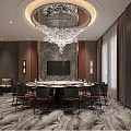 Luxurious Private Dining Room With Round Table Chandelier Dark Walls And Marble Flooring