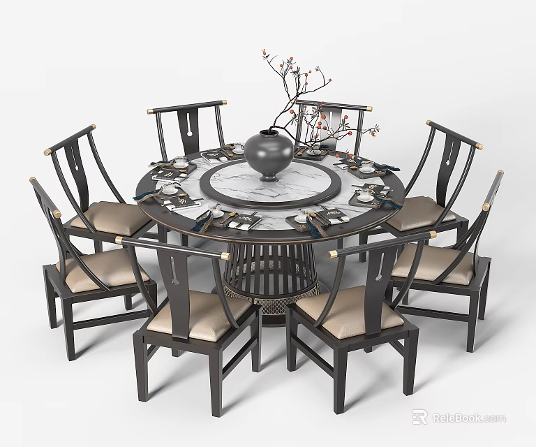 Elegant Round Dining Table Set with Eight Chairs Turntable and Black Vase Branches 3d model