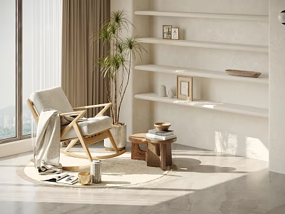 Modern Minimalist Rocking Chair In Bright Room With Beige Curtains And Potted Palm Tree 3d model
