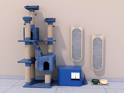 Cat Supplies For Indoor Cats Including Tree Scratching Boards Litter Box And Bowls 3d model
