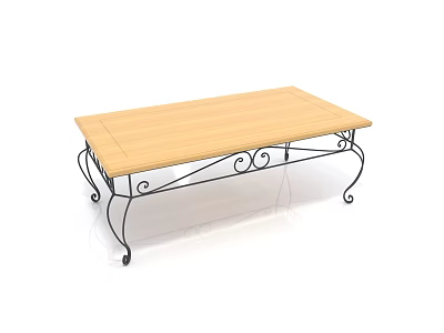 Wooden Coffee Table With Black Metal Frame And Curved Decorative Design 3d model