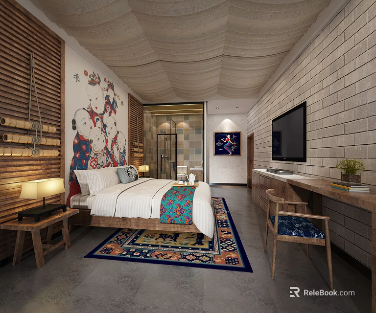 Stylish Hotel Room Interior With Textured Ceiling Comfortable Bed Decorative Blanket And Colorful Rug 3d model 