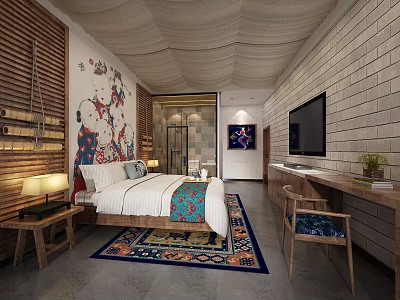 Stylish Hotel Room Interior With Textured Ceiling Comfortable Bed Decorative Blanket And Colorful Rug 3d model