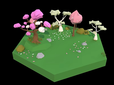 Cartoon Scene with Green Grassy Ground Pink Flowering Trees White Trees Scattered Petals and Stones 3d model