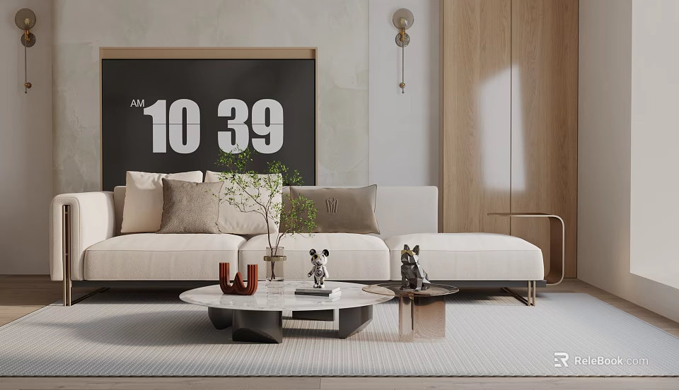 Beige Three Seater Sofa With Cushions Coffee Table Plant And Wooden Elements Modern Living Room 3d model 