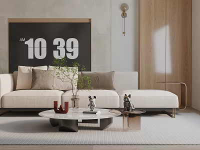 Beige Three Seater Sofa With Cushions Coffee Table Plant And Wooden Elements Modern Living Room 3d model