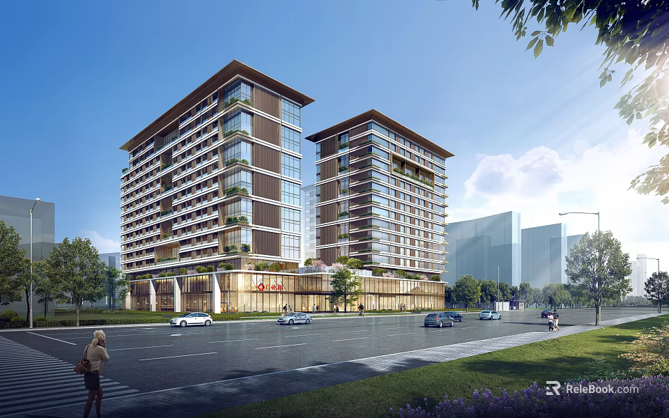 Modern Hospital Building Exterior Design With Urban Street And Greenery 3d model 