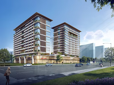 Modern Hospital Building Exterior Design With Urban Street And Greenery 3d model