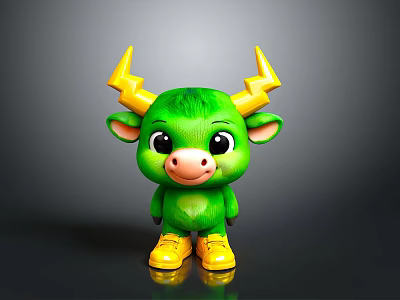 Cute Green Cartoon Cow Doll With Yellow Lightning Horns And Shoes 3d model