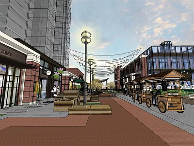 Modern Commercial Street With Brick Pavement Street Lamps String Lights And Wooden Benches 3d model