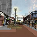 Modern Commercial Street With Brick Pavement Street Lamps String Lights And Wooden Benches