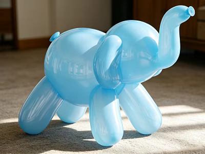Playful Blue Balloon Elephant Sculpture On Indoor Carpet With Sunlight 3d model
