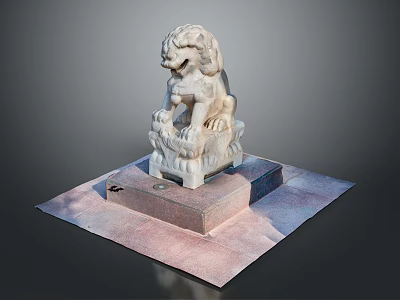 Traditional Stone Lion Statue Perched On Ornate Pedestal With Intricate Carvings 3d model