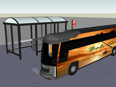 Tourist Bus With Brazil Sun Palm Tree Design At Bus Stop Shelter 3d model