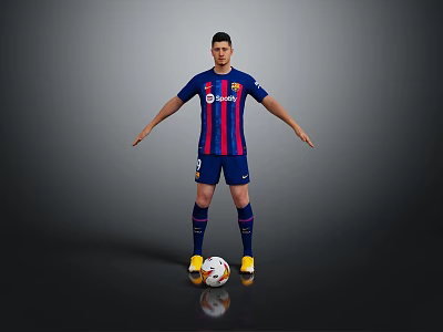 Man Standing in Blue and Red Striped Football Jersey with Soccer Ball at Feet 3d model