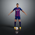 Man Standing in Blue and Red Striped Football Jersey with Soccer Ball at Feet