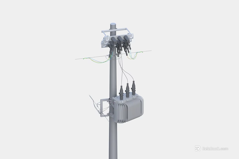 Outdoor Industrial Electrical Equipment on Utility Pole with Transformer and Wires 3d model 