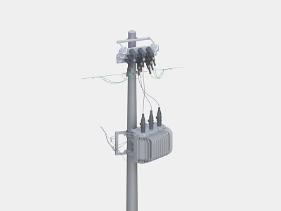 Outdoor Industrial Electrical Equipment on Utility Pole with Transformer and Wires 3d model