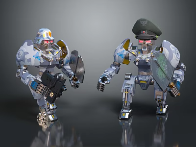 Game Movie Characters Two Mechanical Robots With Camouflage Design Helmet Military Cap Shields And Weapons 3d model