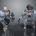 Game Movie Characters Two Mechanical Robots With Camouflage Design Helmet Military Cap Shields And Weapons