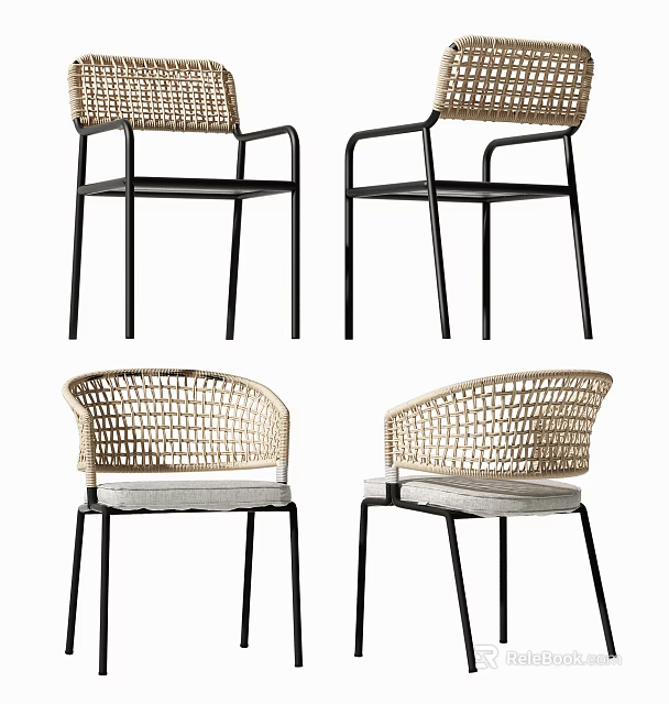 Modern Minimalist Dining Chairs With Wicker Backrest Black Metal Frame And White Cushion 3d model 
