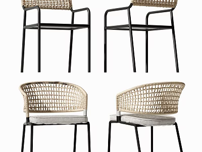 Modern Minimalist Dining Chairs With Wicker Backrest Black Metal Frame And White Cushion 3d model