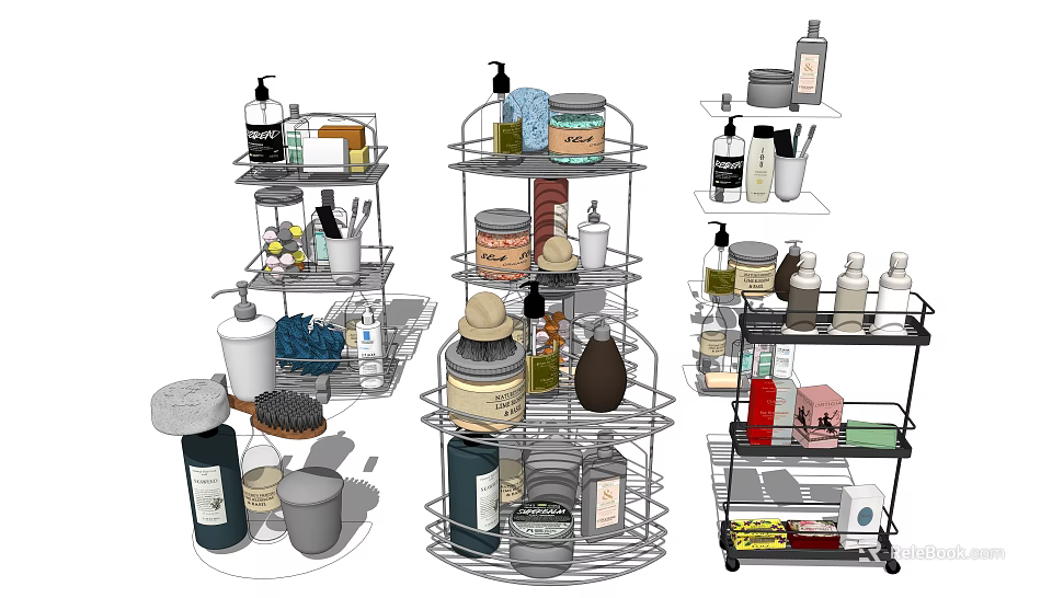 Bathroom Accessories Organized in Multitiered Racks with Soap Dispensers Jars Brushes and Towels 3d model 