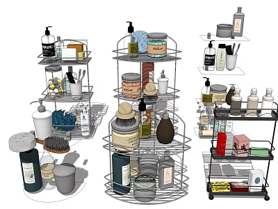 Bathroom Accessories Organized in Multitiered Racks with Soap Dispensers Jars Brushes and Towels 3d model