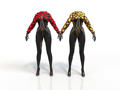 Stylish Jumpsuits With Red Black Yellow Black Plaid Patterns Zipper Chain Details And Gloves 3d model