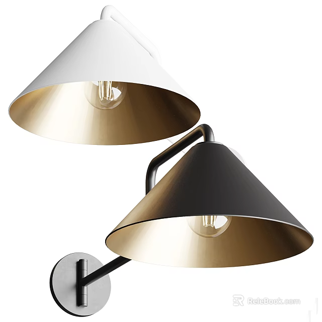 Modern Wall Lamps White Black Shades With Gold Inner Exposed Bulb Metal Arm Design 3d model 