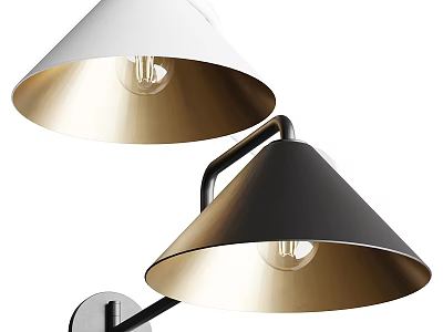 Modern Wall Lamps White Black Shades With Gold Inner Exposed Bulb Metal Arm Design 3d model