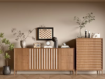Wooden Entryway Cabinet And Side Cabinet Interior With Decorative Plants And Clock 3d model