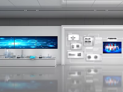 Modern Technology Exhibition Hall With Large Screens Display Models And Interactive Info Charts 3d model