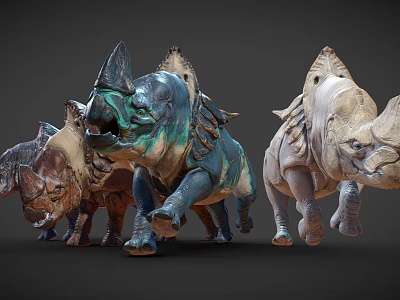 Colorful 3D Rendered Triceratops Models In Dynamic Running Poses With Detailed Textures 3d model