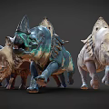 Colorful 3D Rendered Triceratops Models In Dynamic Running Poses With Detailed Textures