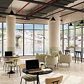 Elegant Modern Café Interior Design With Black Pendant Lights Round Tables And Light Chairs